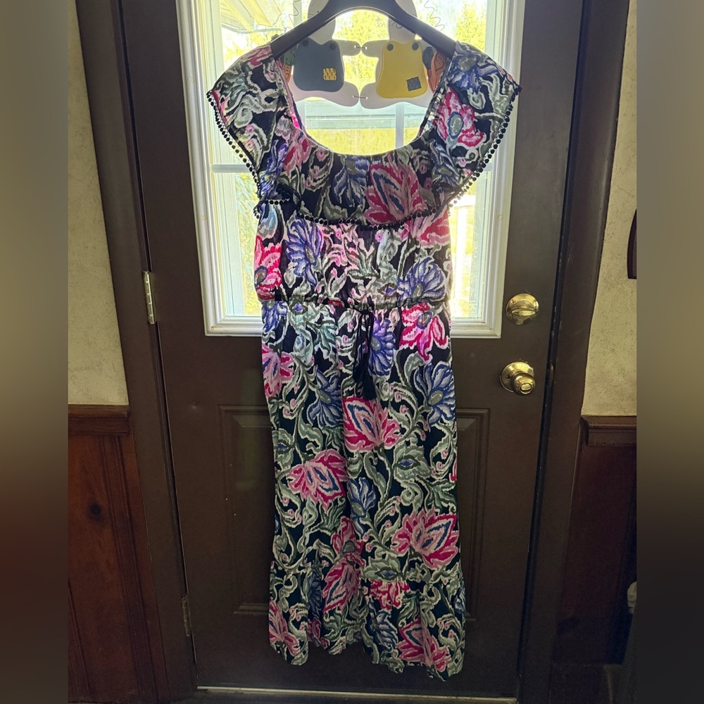 Ann Taylor Loft Blue Pink Green Floral Ruffle Sun Beach Dress Size L